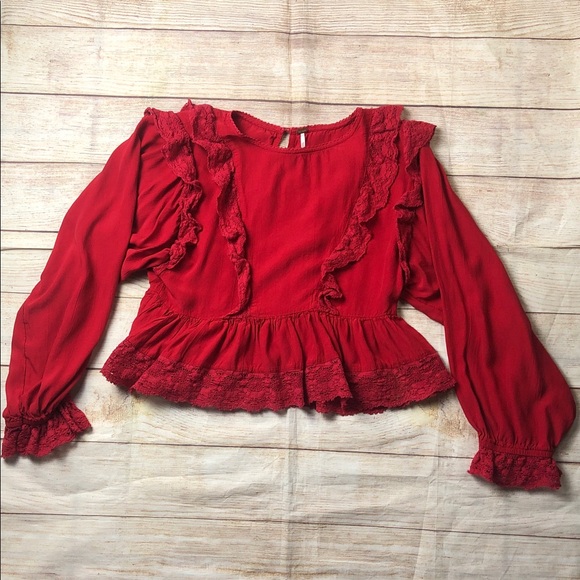 Free People Tops - Free People Take It‎ Easy peplum blouse in red with lace trim 💙
